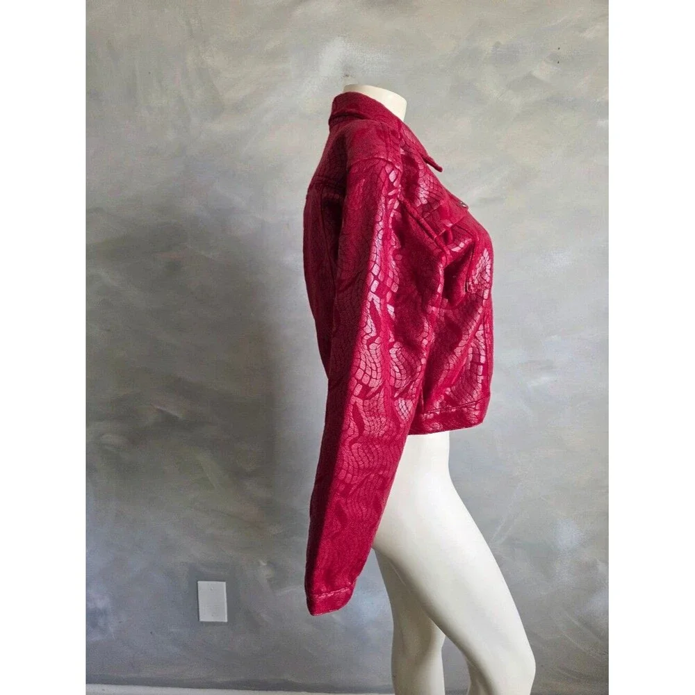 Vtg Fubu Red Faux Leather Textured Print Shine Cropped Jacket Button Up Sz 9/10